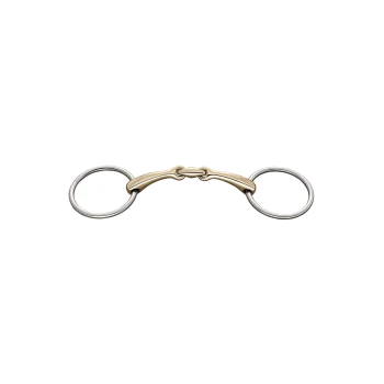 Ein metallisches Pferdegebiss mit einem goldfarbenen Mundstück und silbernen Ringen an jedem Ende, vor einem weißen Hintergrund präsentiert.