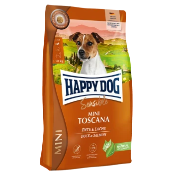Happy Dog Sensible Mini Toscana Hundefutterbeutel, der eine Mischung aus Ente und Lachs enthält, 10 kg Größe, mit einem Etikett für ein natürliches Lebenskonzept.