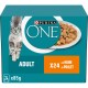 Purina ONE Katzenfutterbox mit einer flauschigen grauen Katze, beschriftet mit "ADULT", enthält 24 x 85g Portionen Huhn.