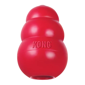 Rotes KONG Classic Kauspielzeug, gestufte Gummiform mit eingeprägtem KONG‑Logo.
