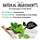 Natürliche Zutaten für Zahnhygiene und frischen Atem: Grüne Minze, Zinkchlorid, grüner Tee mit Bildern von Blättern und Pulver.