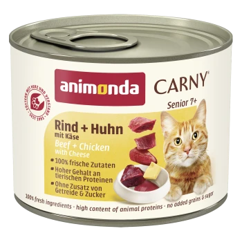 Dose Animonda Carny Senior 7+ Katzenfutter – Rind + Huhn mit Käse, Etikett mit Bild einer rotgetigerten Katze