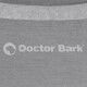 Logo von "Doctor Bark" mit einer Hundesilhouette, auf einem grauen Stoffhintergrund gedruckt.