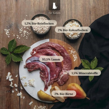 Rohes Lammfleisch auf Schneidebrett mit Birnen, Hafer und Kokosflocken; Beschriftungen: ‚Für Katzen‘, ‚93,5 % Lamm‘.