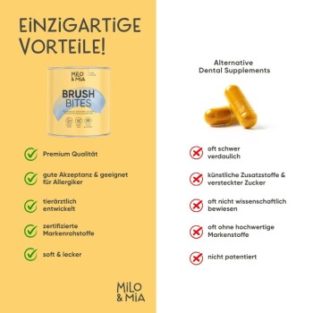 Bild von Milo & Mia's Daily Bites Dental Care, das Premiumqualität, Allergeneignung und den Vergleich zu anderen Zahnpflegepräparaten zeigt.