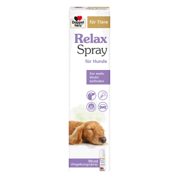 Spray relaxant pour chiens, 90 ml, avec un chien endormi sur l'emballage, promouvant le bien-être avec des icônes pour les effets apaisants.