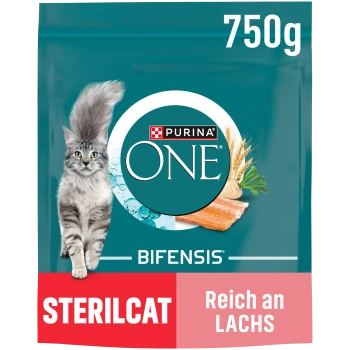 Purina ONE Bifensis Sterilcat Katzenfutter 750g mit Lachs, Weizen und Kräutern in türkisfarbener Verpackung.