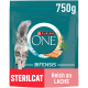 Karma dla kotów Purina ONE Bifensis Sterilcat 750g z łososiem, pszenicą i ziołami w turkusowym opakowaniu.