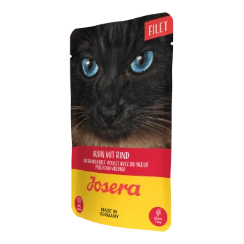 Nahaufnahme einer schwarzen Katze mit blauen Augen auf einer Dosenfutterverpackung, die mit "Huhn mit Rind" und "Josera" beschriftet ist, gekennzeichnet mit "Hergestellt in Deutschland."