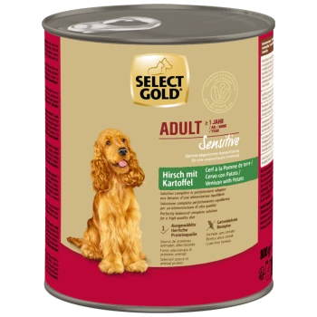 Select Gold Adult Sensitive dog food can with venison and potato, featuring a golden retriever image, 800g.