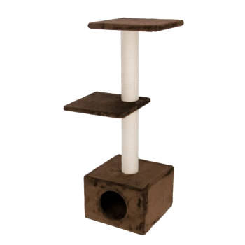 Brauner Katzenbaum mit würfelförmiger Basis, zwei Plattformen und einem weißen Kratzpfosten in der Mitte.