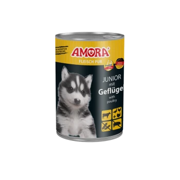 Dose AMORA Junior Hundefutter mit Husky-Welpen; Etikett: ‚AMORA Fleisch Pur JUNIOR mit Geflügel (with poultry)‘