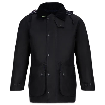 Schwarze Kapuzenjacke mit Knopf- und Reißverschlussverschluss, zwei Vordertaschen und kariert gefüttertem Kragen.