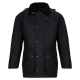 Schwarze Kapuzenjacke mit Knopf- und Reißverschlussverschluss, zwei Vordertaschen und kariert gefüttertem Kragen.
