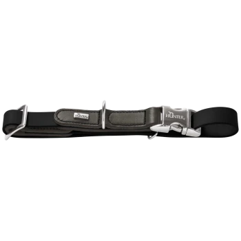 Schwarzes verstellbares Hundehalsband mit grauem, gepolstertem Lederbesatz, silberner Metallschnalle und D-Ring; Schnalle mit 'HUNTER'-Gravur.