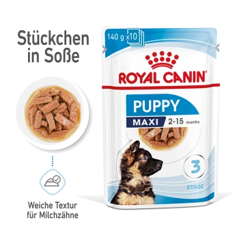 Royal Canin Puppy Maxi Futterbeutel für Welpen im Alter von 2-15 Monaten, mit weichen Stückchen in Sauce, mit einem Profilbild eines Welpen.