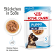 Royal Canin Puppy Maxi Futterbeutel für Welpen im Alter von 2-15 Monaten, mit weichen Stückchen in Sauce, mit einem Profilbild eines Welpen.