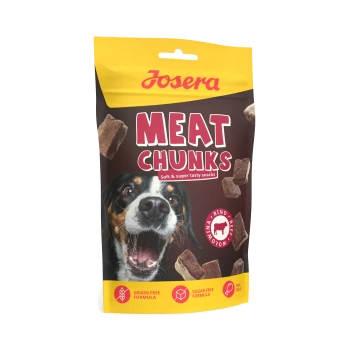 Josera‑Beutel: 'MEAT CHUNKS' — weich und super schmackhafte Snacks, Foto eines Hundes, Rindfleischstücke, Symbole: getreidefrei, zuckerfrei, 90 % Fleisch