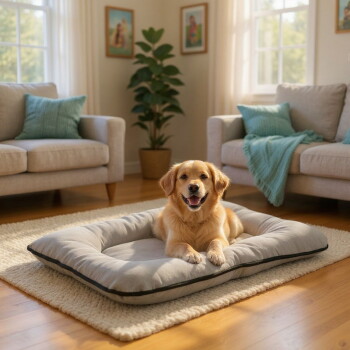 Golden Retriever lächelt auf einem grauen rechteckigen Hundebett auf einem Teppich in einem sonnendurchfluteten Wohnzimmer mit Sofas.