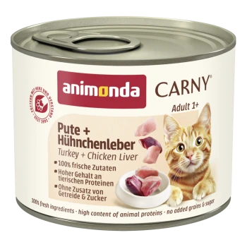 Animonda Carny Adult 1+ Katzenfutterdose mit Truthahn und Hühnerleber, 100 % frische Zutaten, ohne Getreide oder Zucker, mit Katzenbild.