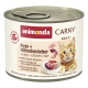 Animonda Carny Adult 1+ kattenvoer blik met kalkoen en kippenlever, 100% verse ingrediënten, geen granen of suiker, en een kattenafbeelding.