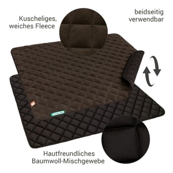 Umkehrbare Tiermatte aus weichem Fleece und hautfreundlicher Baumwollmischung; mit deutschem Text auf beiden Seiten.