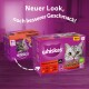 Whiskas Katzenfutterverpackung zeigt zwei Boxen: eine mit einer Katze und dem Text "Neuer Look, noch besserer Geschmack!" und aufgelisteten Geschmacksrichtungen.