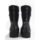 Schwarze wasserdichte Stiefel mit floralem Muster, das lila Beeren und grüne Blätter zeigt, von hinten betrachtet.