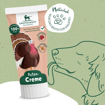 Eine Tube Knuffelwuff Putencreme für Hunde, mit der Aufschrift 100% Pute, ohne Konservierungsstoffe, mit einer Putenillustration und Preiselbeeren.