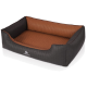 Stylisches Hundebett mit einem gesteppten braunen Innenraum und schwarzem Außenbereich, mit dem Logo "KNUFFELWUFF" auf der Vorderseite.