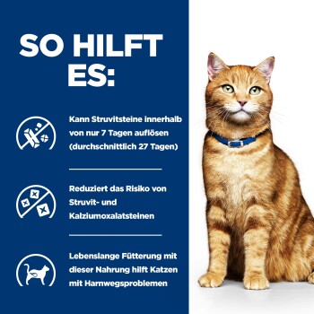 Orange-getigerte Katze mit blauem Halsband; blaues Feld 'SO HILFT ES:' erwähnt Auflösung von Struvitsteinen und Verringerung von Harnsteinen.