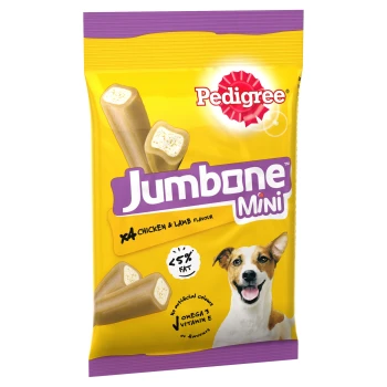 giant bone Mini Pedigree Jumbone Mini dog treats, chicken & lamb flavor, 4 pieces, with less than 5% fat, featuring omega 3 and vitamin E.