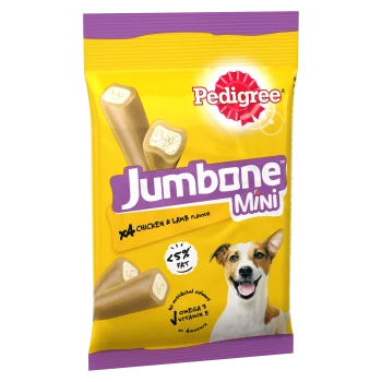 Pedigree Jumbone Mini dog treats, chicken & lamb flavor, 4 pieces, with less than 5% fat, featuring omega 3 and vitamin E.