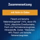Zusammensetzung mit Huhn in Gelee: 14% Fleisch und tierische Nebenprodukte, 8% Huhn, pflanzliche Eiweißextrakte, Fisch, Mineralstoffe, Zucker.