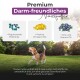 Anzeige für Premium-Hundefutter mit einem verspielten Beagle im Freien, der gut verträgliche Zutaten wie Präbiotika und Omega-3-Öle zeigt.