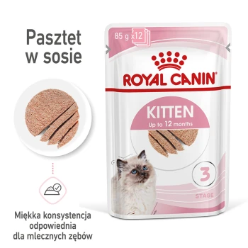 Torebka z karmą dla kociąt Royal Canin, 85g x 12, z miękkim pasztetem w sosie, odpowiednia dla kociąt do 12 miesięcy, z obrazkiem kota.