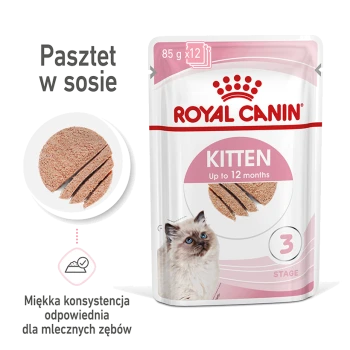 Torebka z karmą dla kociąt Royal Canin, 85g x 12, z miękkim pasztetem w sosie, odpowiednia dla kociąt do 12 miesięcy, z obrazkiem kota.