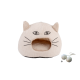 Katze-förmiges Haustierbett in Beige mit schwarzen Gesichtszügen, mit einem gemütlichen Eingang und zwei enthaltenen Spielbällen.