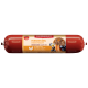 Emballage de nourriture pour animaux de compagnie "Fleischeslust" en rouge, mettant en avant des patates douces, des myrtilles et de la camomille, étiqueté comme aliment complet.