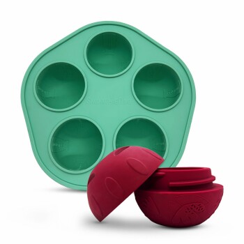 Grüne SmoothieDog Silikonform mit fünf Vertiefungen und zwei roten, strukturierten Leckerli-Formen für Haustiere, gestapelt daneben.