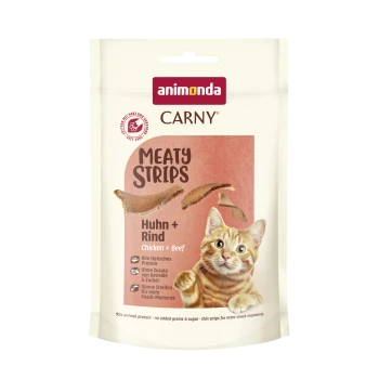 Animonda CARNY Meaty Strips Katzensnack-Tüte, Huhn + Rind, orange gestreifte Katze und abgebildete Fleischstreifen.