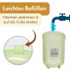 Grüner Wasserspender mit Detailaufnahme des Fußes und Wasserhahn-Grafik; zeigt die Texte 'Leichtes Befüllen' und 'Oberteil abdrehen'