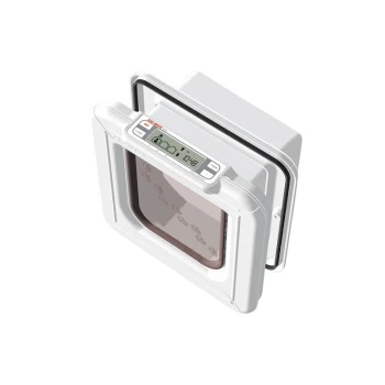 Automatische Haustiertür mit digitalem Timer und Pfotenabdruckdesign, mit einem weißen Rahmen und einer transparenten Klappe.