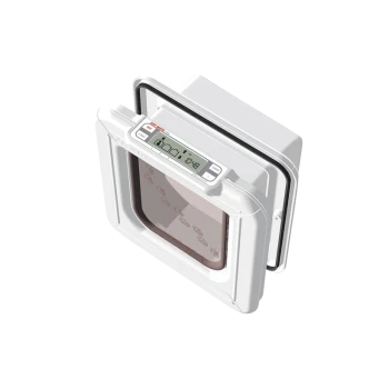 Automatische Haustiertür mit digitalem Timer und Pfotenabdruckdesign, mit einem weißen Rahmen und einer transparenten Klappe.