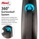 Flexi 360° Gurtlauf-System für Haustierleinen, mit einem blauen Druckknopf und einem schwarzen Riemen, mit Text, der seine Funktionalität erklärt.