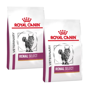 Deux sacs de nourriture pour chats Royal Canin Veterinary Renal Select, présentant une image de chat sur chaque sac et le logo de la marque en haut.