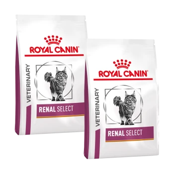 Zwei Beutel Royal Canin Veterinary Renal Select Katzenfutter, mit einem Katzenbild auf jedem Beutel und dem Markenzeichen oben.