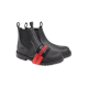 Schwarze Sicherheitsstiefel mit elastischen Seiten, mit einem roten Etikett mit der Aufschrift "STEEL-TOE CAP" und Markenlogo.