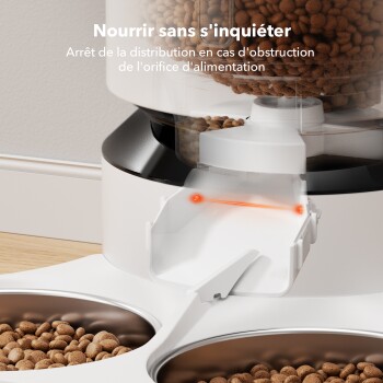 Automatischer Futterspender für Haustiere mit zwei Schalen, die gleichmäßig Futter ausgeben, mit dem Text "Gleichmäßige Futterausgabe" und "Ausgewogen."