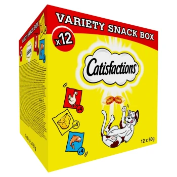 Boîte jaune étiquetée "Catisfactions Variety Snack Box" avec 12 paquets de friandises pour chats présentant un chat joueur et des images de poulet, fromage et poisson.